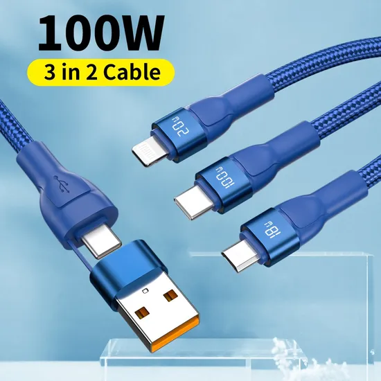 Pd100W 3 em 2 6A Tipo C/USB para Tipo C Lightning Micro USB Carregador Nylon Carga Rápida 5 em 1 Cabo de Carregamento USB